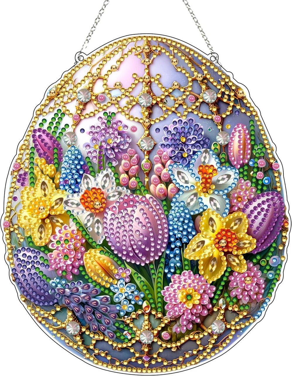Easter egg-shaped 5D diamond art kit for adults featuring special-shaped rhinestones. DIY acrylic painting kit with double-sided design, perfect for creating sparkling window, wall, or garden hanging ornaments.